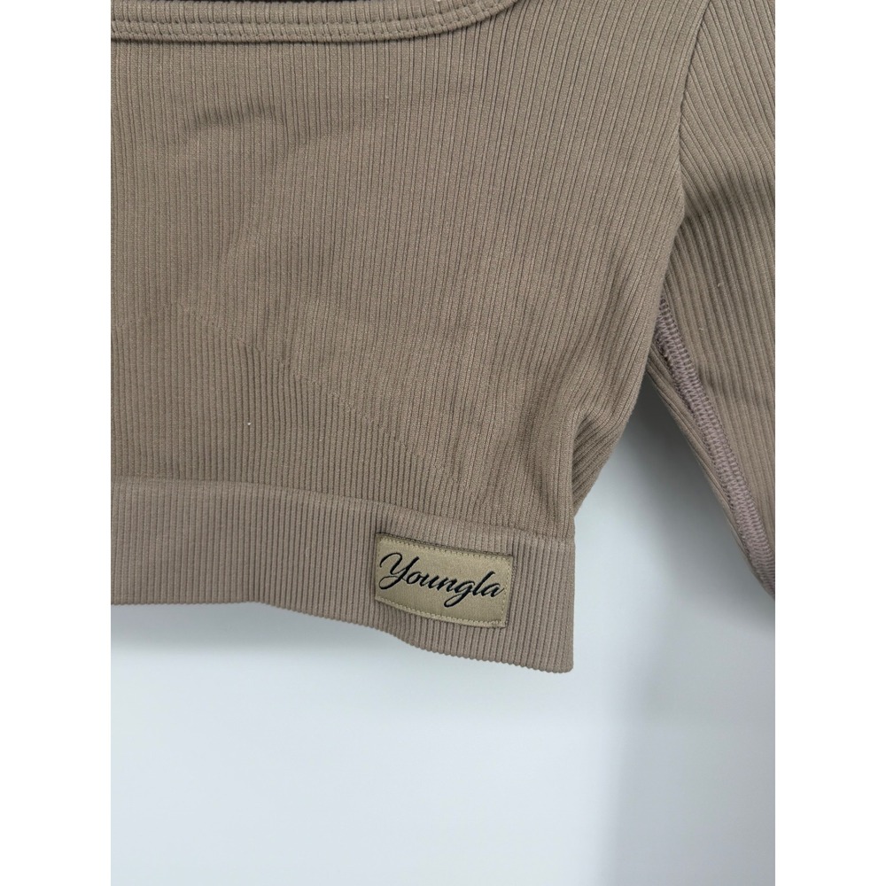 Youngla Women Ribbed Long Sleeve Crop Top Taupe Brown Square Neck XS YLAW-1157 - Picture 2 of 6